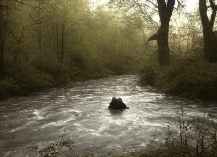 Image similar to photo of a ghostly figure floating over a river, cinematic, blair witch project, real