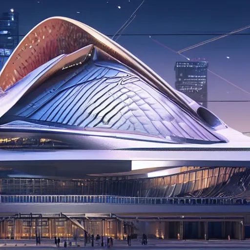 Prompt: an opera house as a background for a cyberpunk 2077 loadinh screen, very detailed, high quality photo, designed by zaha hadid, sculped by Norman foster