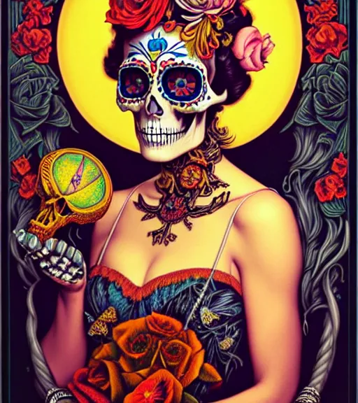 Prompt: a beautiful fancy skull lady by dan mumford and gil elvgren, folklorico, tarot, sugar skull, hyperrealism, intricate details