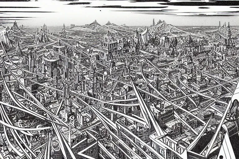 Image similar to establishing shot of a late renaissance coastal city, intricate linework, in the style of moebius, ayami kojima, 1 9 9 0's anime, retro fantasy