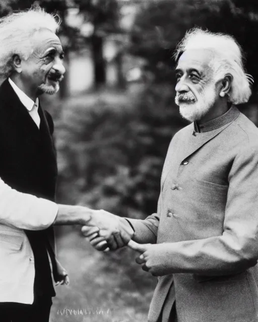 Prompt: A photo of Albert Einstein shaking hands with Jawaharlal Nehru , highly detailed, trending on artstation, bokeh, 90mm, f/1.4