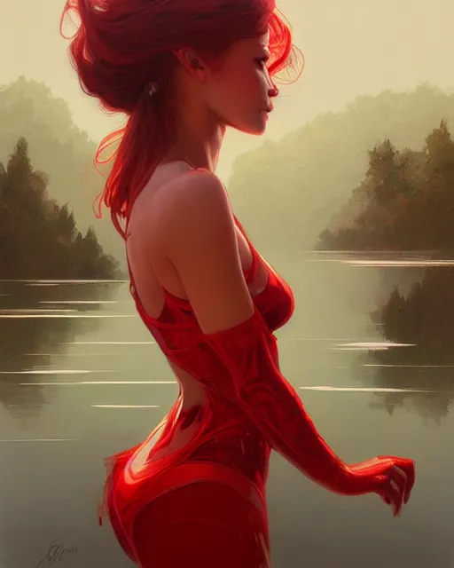 Image similar to emily rajtkowski, lake, red, highly detailed, digital painting, artstation, concept art, smooth, sharp focus, illustration, art by artgerm and greg rutkowski and alphonse mucha