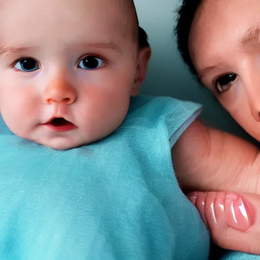 Image similar to a medical photography with flash of a baby with 2 heads on a hospital bed, closeup.