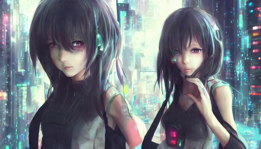 Image similar to cute anime girl in a cyberpunk city by wlop, detailed eyes, heterochromia, closeup, short minidress, light clothing, light rain, hyper real, detailed digital art, hatsune miku, photorealistic