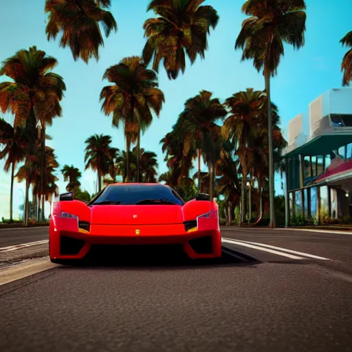 Image similar to a 3D render depicting Outrun videogame. Car. Red Ferrari. Palm trees. Horizon. Unreal Engine. Octane Render. Vray. Arnold Render. Car Shader. 80s Videogame.