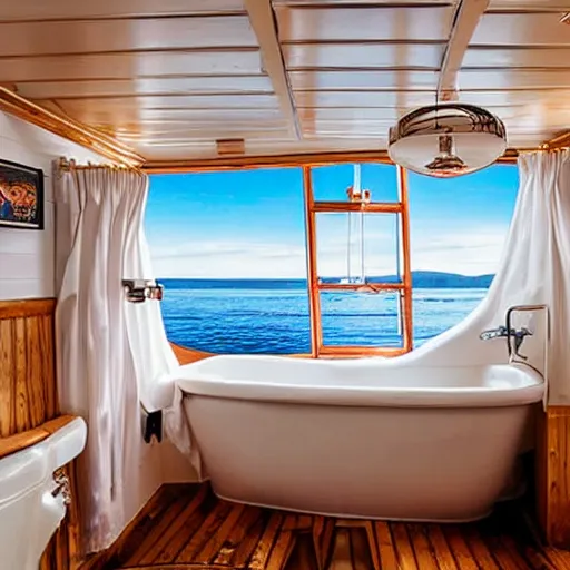 Prompt: a miniature tiny alaskan cruise ship, floating in a white old - fashioned bathtub,