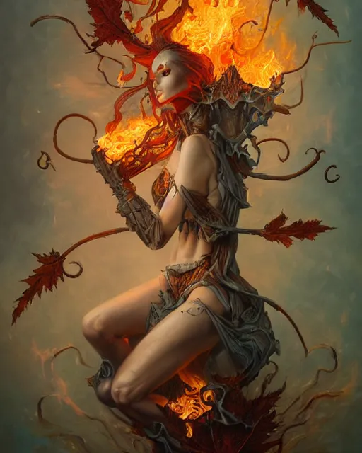 Prompt: liquid smoke and fire nicole aniston, autumn overgrowth, ancient relic archaic burning inscriptions, peter mohrbacher, artgerm, ross tran