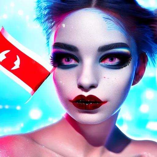 Image similar to A close-up of a beautiful girl with a surreal makeup reminding the swiss flag, octane render, bokeh, cyberpunk vibes, neons on the background