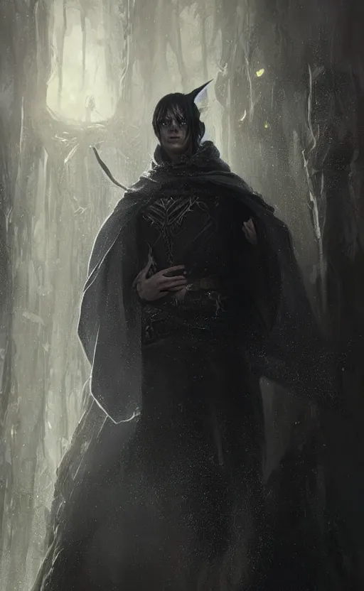 Image similar to Portrait of an elf in a black cloak, black hair, glowing eyes, male, detailed face, fantasy, highly detailed, cinematic lighting, digital art painting by greg rutkowski