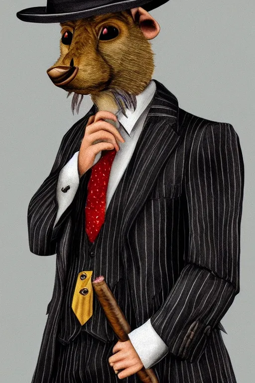 Image similar to beautiful portrait commission of a male furry anthro mountain goat wearing a pinstripe suit and waistcoat and smoking a cigar, award-winning, detailed, trending on artstation