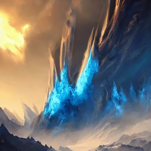 Image similar to blue glacier volcano eruption, blue glacier volcano eruption, blue glacier volcano eruption, ice cold blue theme, bright masterpiece artstation. 8 k, sharp high quality artwork in style of jose daniel cabrera pena and greg rutkowski, concept art by tooth wu, blizzard warcraft artwork, hearthstone card game artwork