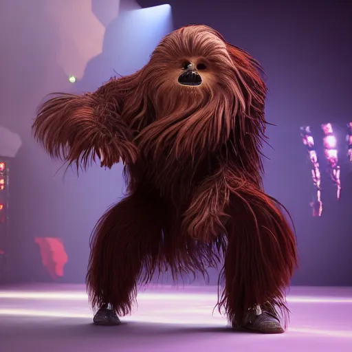 Prompt: wookie dancing at studio 5 4, outfit no helmet, incredible detail, character concept art, fineline detail, cinematic quality, high octane, vray render