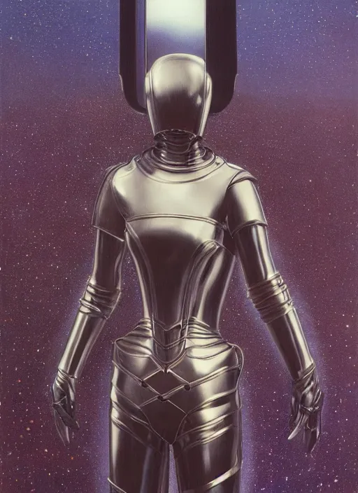 Image similar to full body portrait of beautiful gothic and futuristic fashion model, elegant smooth space armour, cyber armour, scifi helmet, highly detailed, artstation, illustration, composition, 8 k quality, art by jean delville, rene magritte, hyperrealism oil painting