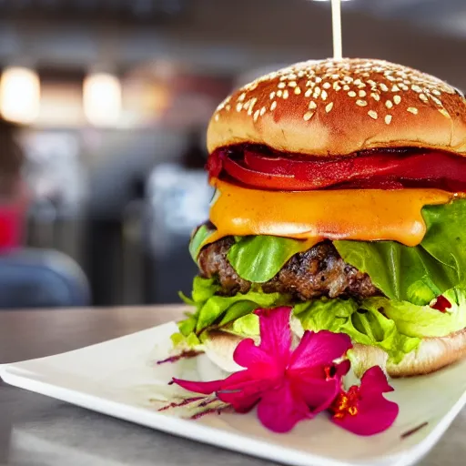 Prompt: Fast Food commercial photograph of a Sweat potato burger with a sweet cinnamon bun and velvet sauce, topped with hibiscus flower