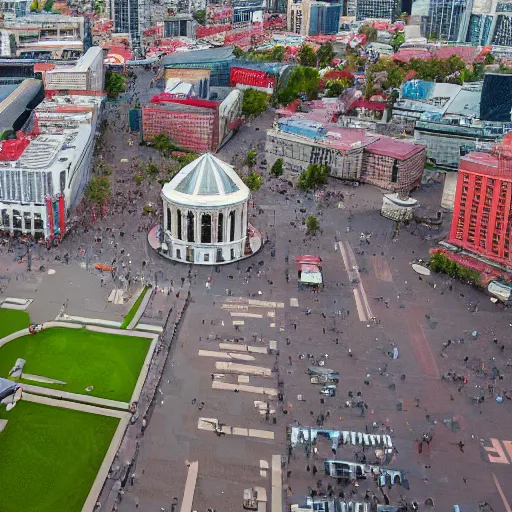 Image similar to drone photo of giant kiwi on red square, super wide shot, 1 2 mm, bokeh