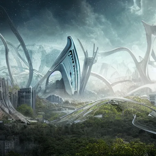 Image similar to future city covered by forest, trees, plant, broken buildings, doom of the gods, monster, gravity mess, star trek, glory war, photograph, cinematic matte painting, zaha hadid building, photo realism, desolate glacial landscape