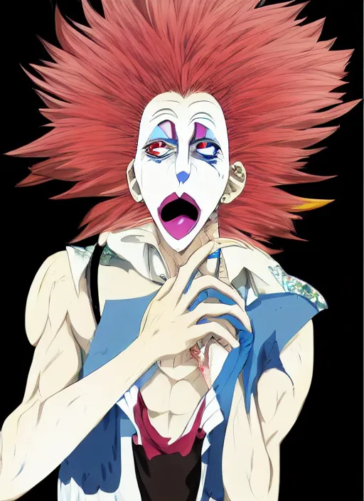 Image similar to portrait of the clown removing his makeup, anime fantasy illustration by tomoyuki yamasaki, kyoto studio, madhouse, ufotable, trending on artstation