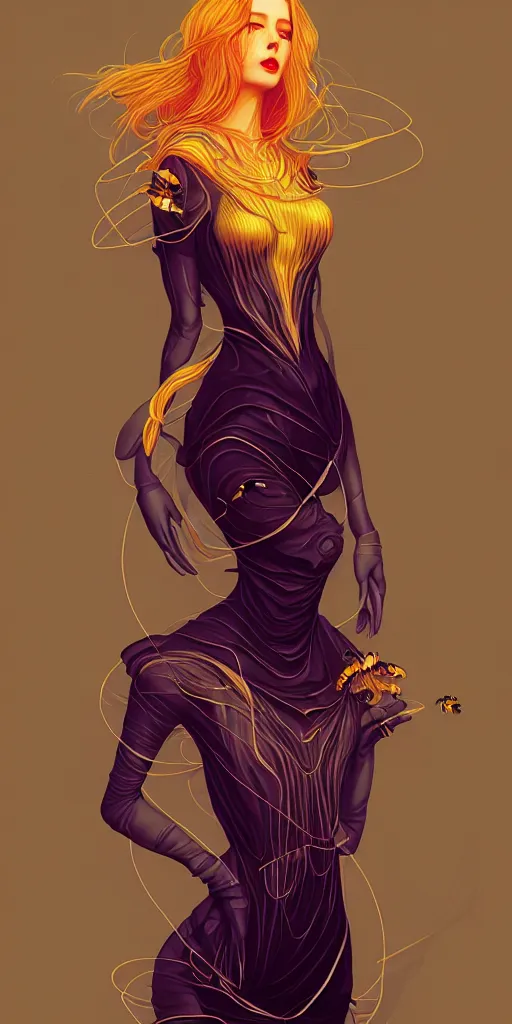 Prompt: 🐝👗👾, phantom, dreary, dramatic, fluid, golden ratio, artstation, moebius + loish, hd,