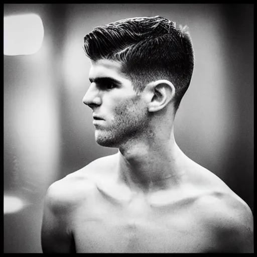 Image similar to “a realistic detailed photo of a guy who is an attractive humanoid who is half robot and half humanoid, who is a male android, Christian Pulisic, shiny skin, posing like a statue, blank stare, press conference, on display”