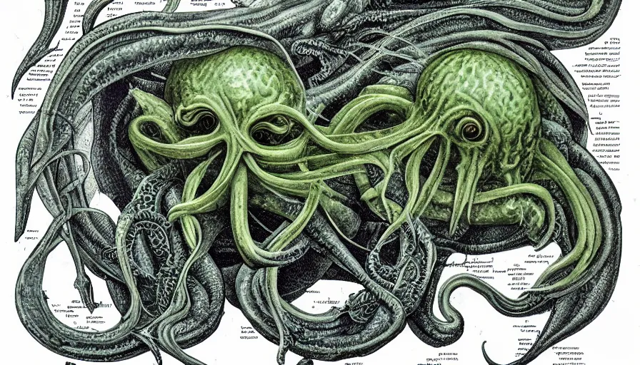 Image similar to cthulhu cross section scientific illustration biology book, highly detailed