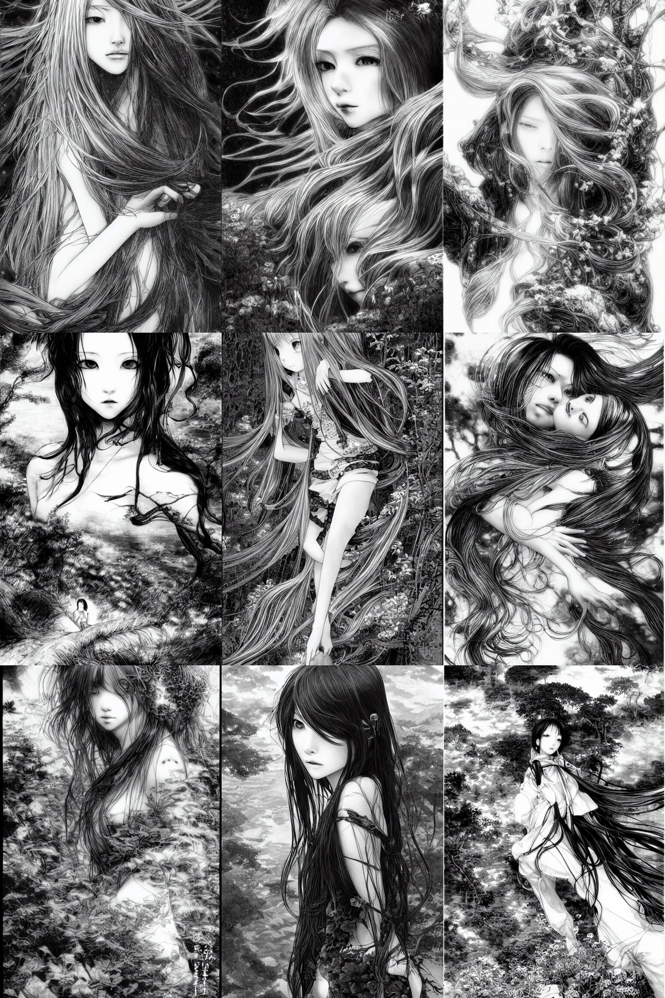 Prompt: a vertical portrait of a character in a scenic environment by Yoshitaka Amano, black and white, dreamy, wavy long black hair, highly detailed