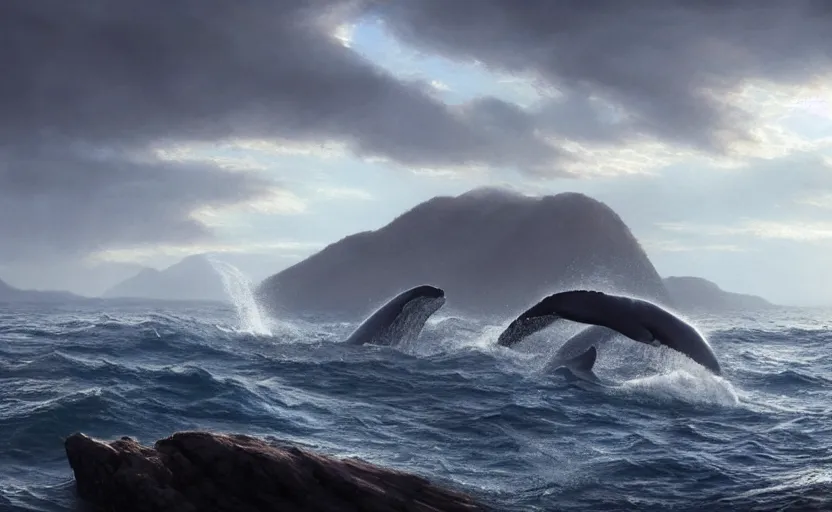 Image similar to whales breaching, directed by charlie kaufman ( 2 0 0 1 ) anamorphic lenses, a rocky shore in the foreground, foggy volumetric light morning, a beam of light from the heavens, cinematic trending on artstation in the style of greg rutkowski