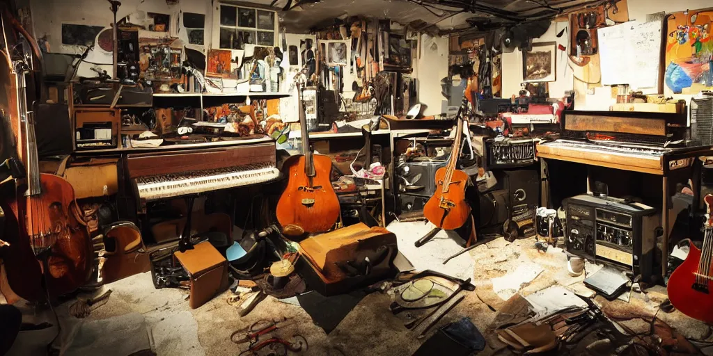 Image similar to a color photograph of a musician's basement studio with many things, workbench overloaded with broken instruments,, trending on artstation, hyperrealism