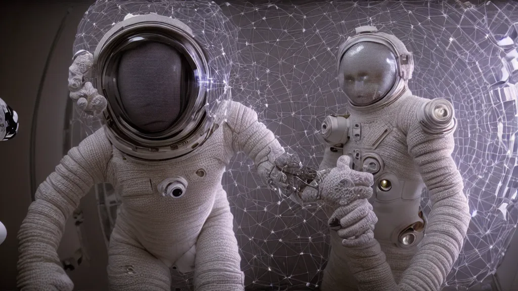 Image similar to a cybernetic symbiosis of a single astronaut eva suit made of wearing knitted yarn thread infected with diamond 3d fractal lace iridescent bubble 3d skin covered with insectoid compound eye camera lenses floats through the living room, film still from the movie directed by Denis Villeneuve with art direction by Salvador Dalí, wide lens,