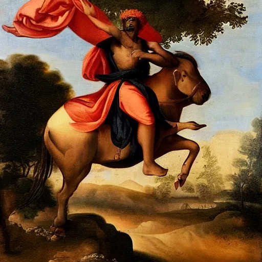 Image similar to black man with afro hair wearing an ( ( ( army green cloak ) ) ), riding an ( ( ( orange bull ) ) ), renaissance style painting