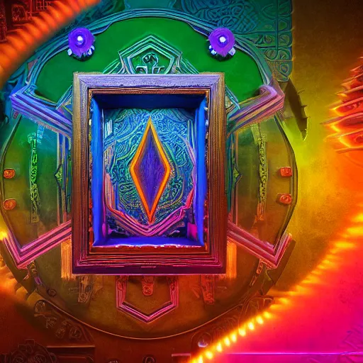 Image similar to dmt realm, cover art, colors: blue, orange, violet, green, yellow, sharp focus, with intricate egiptian letters in the frames, octane render, unreal engine, artstation