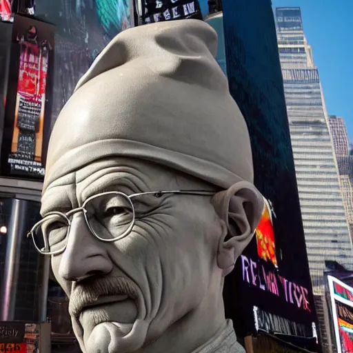 Image similar to a long shot of a very detailed renaissance sculpture of walter white in a hat standing in times square, made by michelangelo, hyper detailed, sharp focus, 8 k resolution