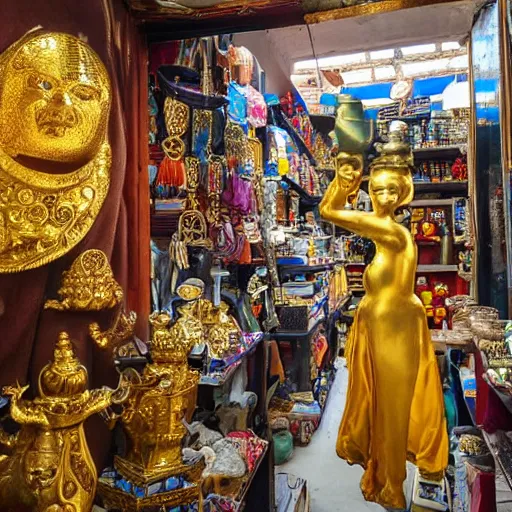 Prompt: a bazaar shop full of golden items, with a genie peeking out of a back room