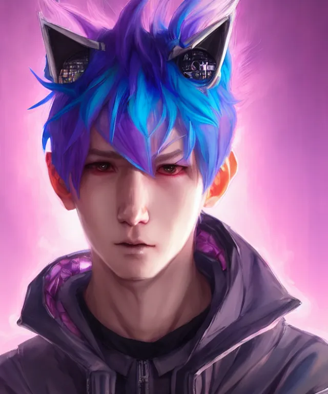 Prompt: character concept art of a cute cyberpunk boy with colorful hair and wolf ears | | cute - fine - face, pretty face, key visual, realistic shaded perfect face, fine details by stanley artgerm lau, wlop, rossdraws, james jean, andrei riabovitchev, marc simonetti, and sakimichan, trending on artstation