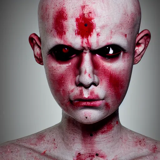 Image similar to pale bald mannequin with crazed, bloodshot eyes without a mouth, photorealistic photography, 8k quality, 8k, dark photography, horror, close-up imagery, macro photography, close-up imagery, macro photography