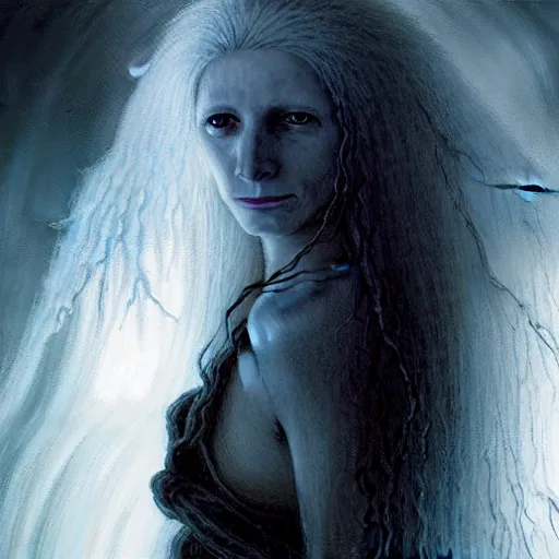 Image similar to head and shoulders portrait of a spectral, ghostly, shadowy wraith portrayed by gwynneth paltrow, d & d, fantasy, luis royo, magali villeneuve, donato giancola, wlop, krenz cushart