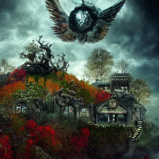 Prompt: Hell and heaven, inter dimensional villa, a heart full of envy, The Autumn Plague Gardener, Some cosmic angels, cinematic, hyper realism, high detail, octane render, unreal engine, 8k, vibrant color, beautiful and thematically complex, smooth, its softness partakes of fluidity, biodiversity in a world of change and constancy, by deiv calviz and bossmonsterbani