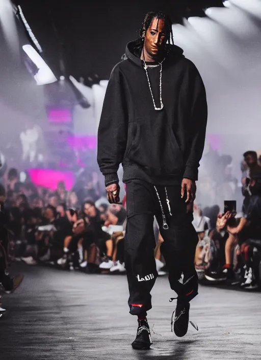 Image similar to hyperrealistic and heavy detailed nike runway show of travis scott, leica sl 2 5 0 mm, vivid color, high quality, high textured, real life