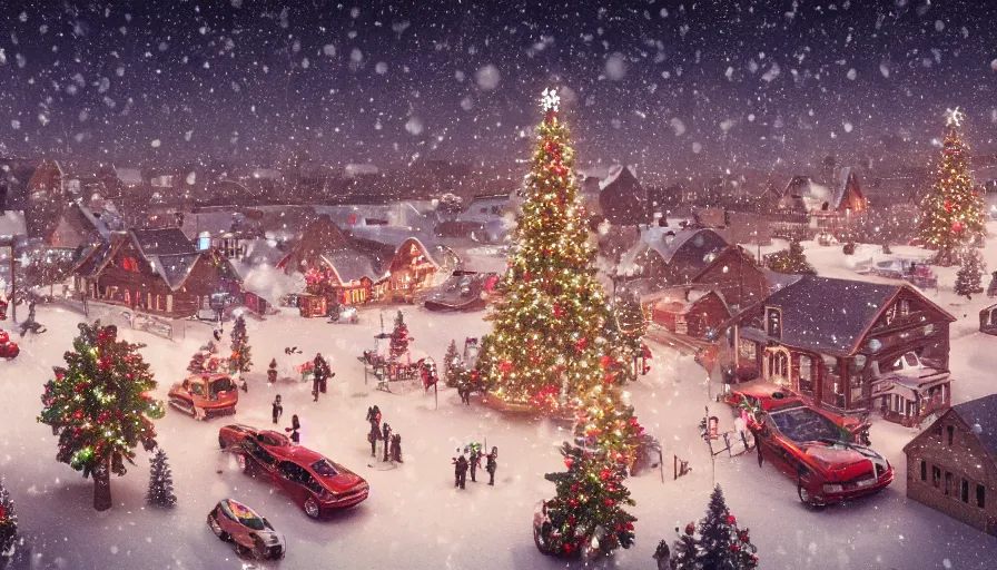 Image similar to midwest town, winter, snow, christmas lights, christmas tree, hyperdetailed, artstation, cgsociety, 8 k