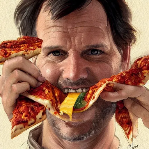 Image similar to portrait of Bill Paxton opening his mouth to eat pizza, highly detailed, digital painting, artstation, concept art, sharp focus, illustration, art by artgerm and greg rutkowski and alphonse mucha