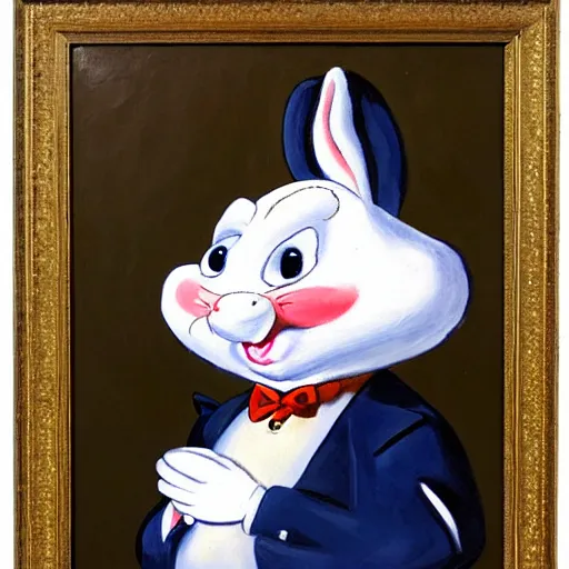 Prompt: a portrait of fat bugs bunny wearing napoleon clothes, oil painting