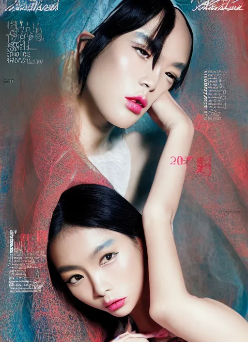 Prompt: italian vogue 8 0 s vintage cover portrait of a female asian model in androgynous high fashion by steven meisel, urban tokyo background, 8 k, octane render, ultra sharp hyper detailed digital art