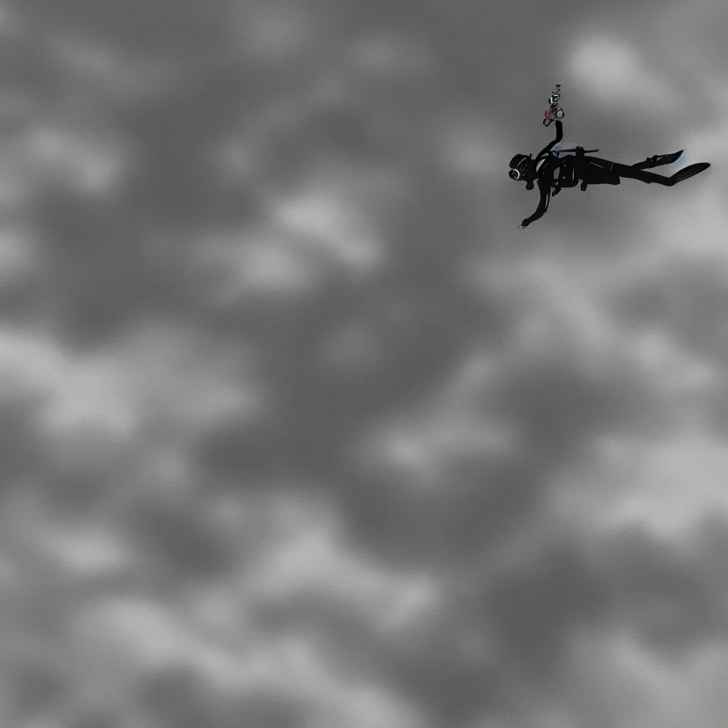 Image similar to a single scubadiver floating above the clouds, closeup, digital drawing