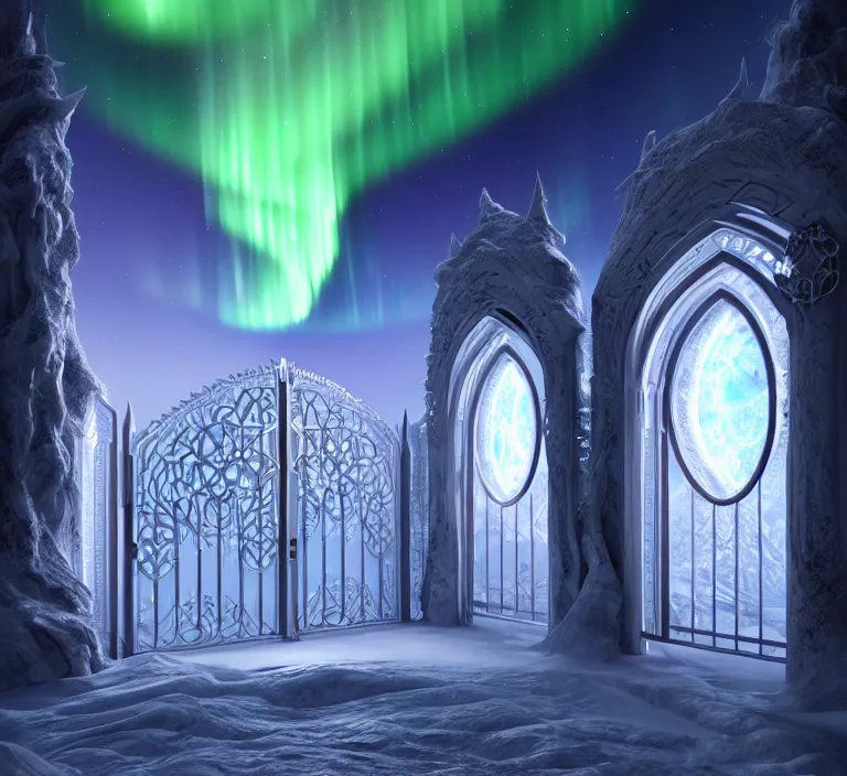 Image similar to a very detailed concept art of intricate and elven white gates to aurora borealis infused with magic, dynamic lighting trending on artstation, symmetry, digital art, 4 k, hyper realistic, octane render, sharp focus