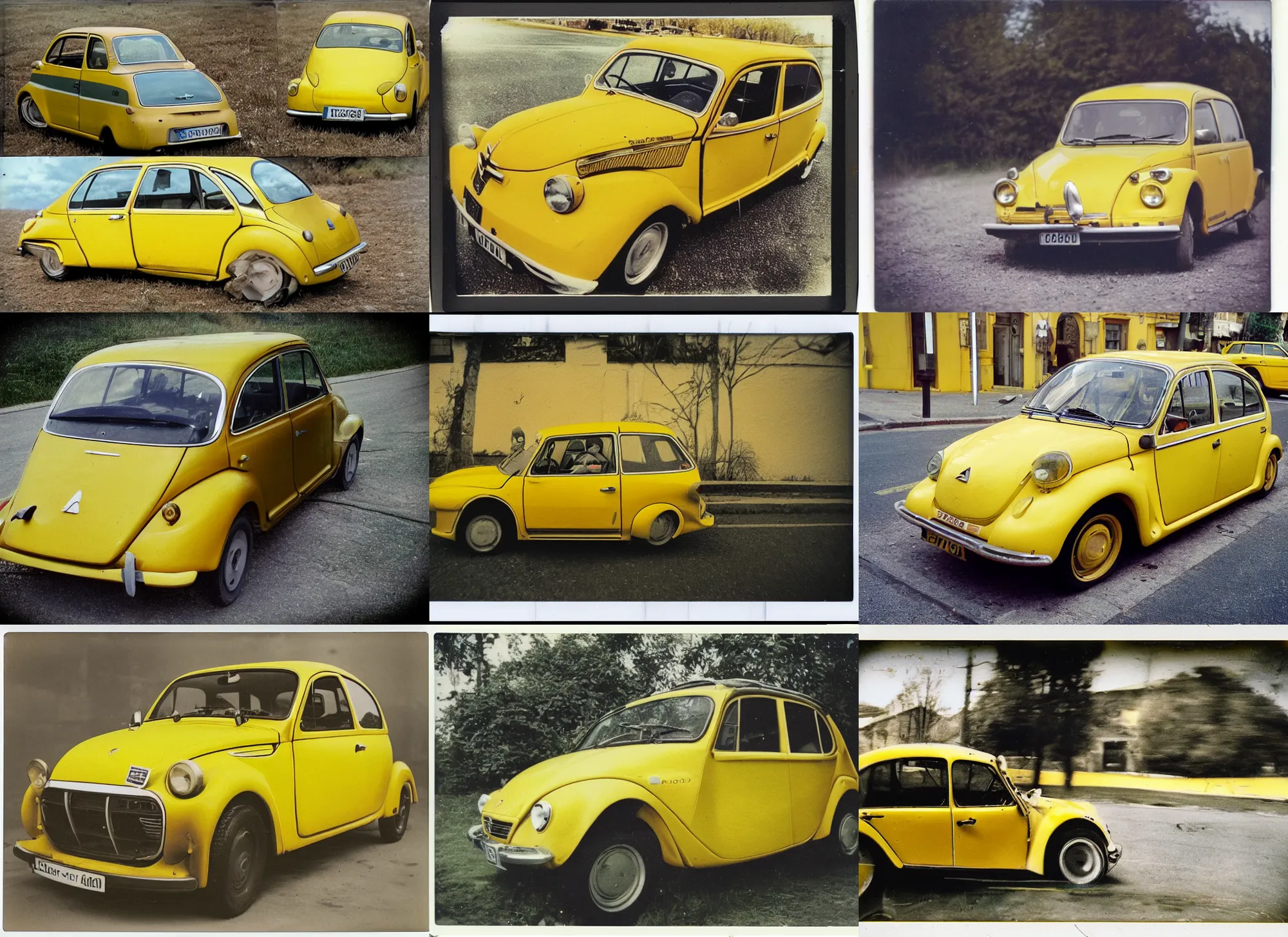 Prompt: old polaroid shots of a yellow citroen