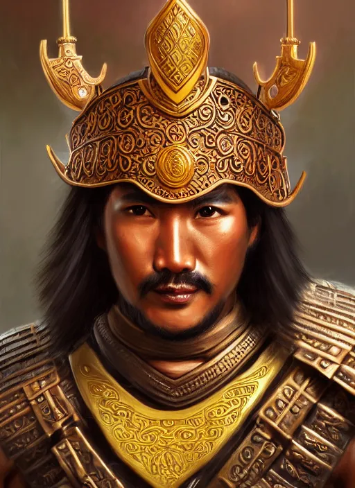 Prompt: smart tai warlord, closeup portrait, without beard and mustache, historical hero, ethnic group, tai costume, thai transitional bronze headdress, intricate, with leather armor cross on bare chest, elegant, loin cloth, highly detailed, oil painting, artstation, concept art, matte, sharp focus, illustration, hearthstone, art by earl norem