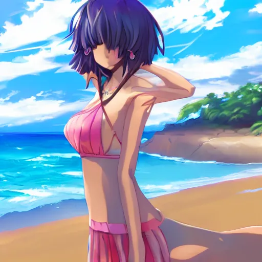 Prompt: smug anime girl at a beach, full body portrait, extremely detailed, pretty, sunny, sparkling sand, waves, lush, cinematic lighting, anime,