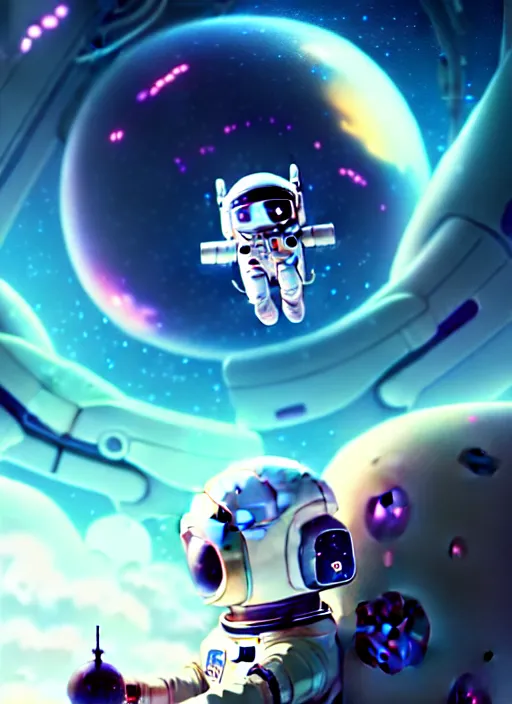 Prompt: portrait of cute kawaii astronaut android floating around a large biomechanical dragon, nebulous background of dynamic space, a dramatic composition by wlop and greg rutkowski and makoto shinkai and studio ghibli and kyoto animation cute bubbly clothing, 4 k resolution trending on artstation