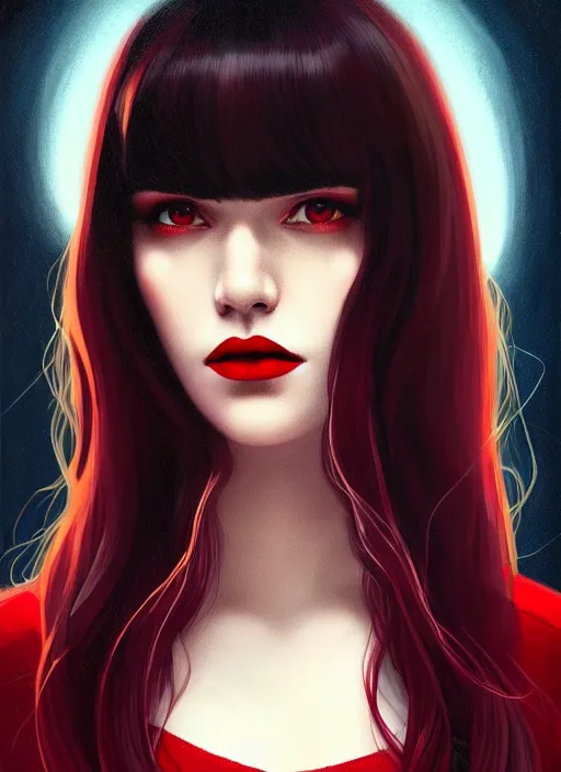 Image similar to portrait of vampire veronica lodge with bangs, vampire fangs, vampire, long hair, red clothes, bangs, vampironica, intricate, elegant, glowing lights, highly detailed, digital painting, artstation, concept art, smooth, sharp focus, illustration, art by wlop, mars ravelo and greg rutkowski