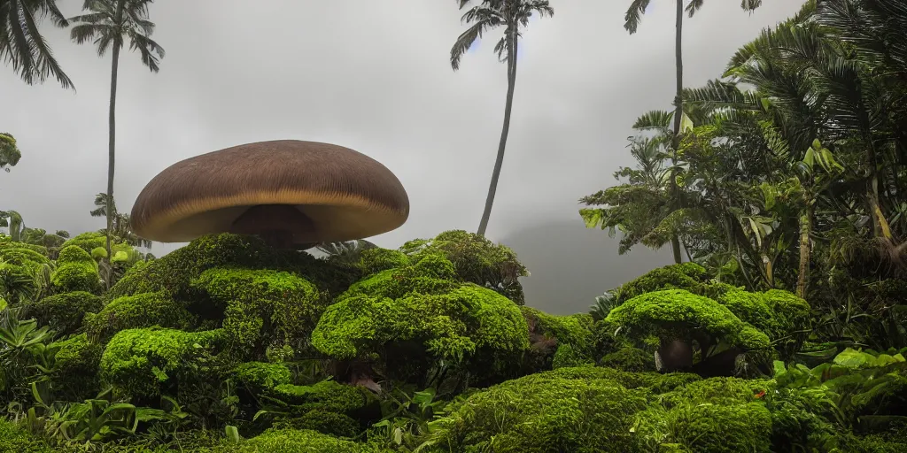 Image similar to giant bell shaped mushrooms loom over a Hawaiian villa in the middle of an tropical forest, ominous Sky, gloomy atmosphere, cinematic, mist, High definition, 8k, ultra detailed