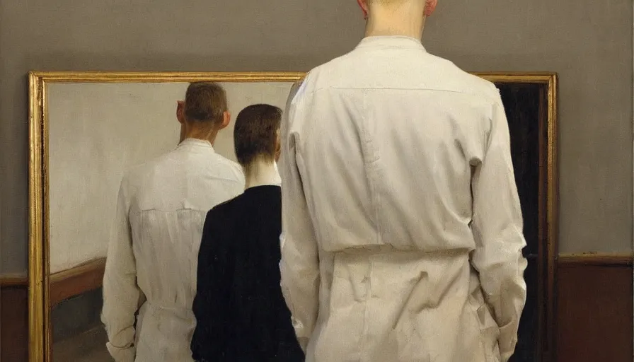 Image similar to painting by borremans, man back standing in front on the mirror and his back in the mirror, detailed, stunning